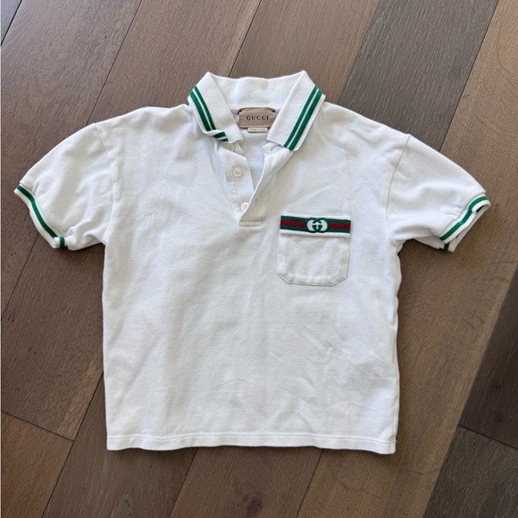Gucci Kids Polo Shirt in White with Green Trim - Picture 1 of 2